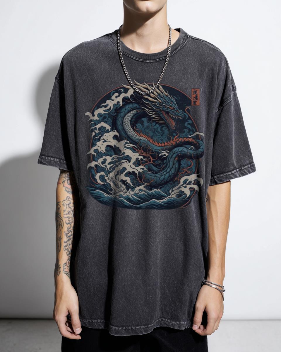 Traditional Japanese Dragon in Ocean Art T-Shirt - Anime Water Dragon Myth