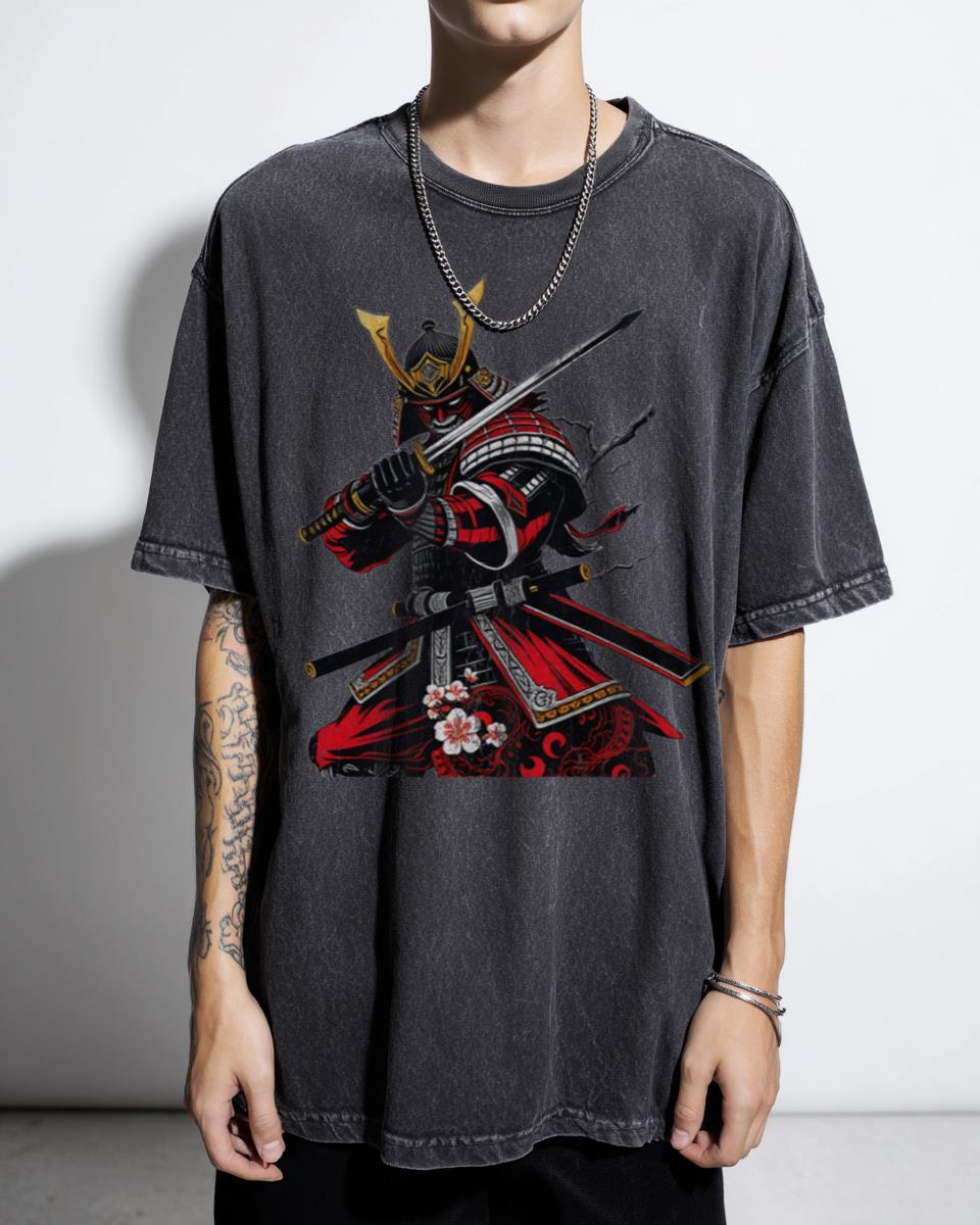 Traditional Japanese Fiery Guardian Samurai Warrior T-Shirt - Gold Red Black Bushido Armor Art Unisex