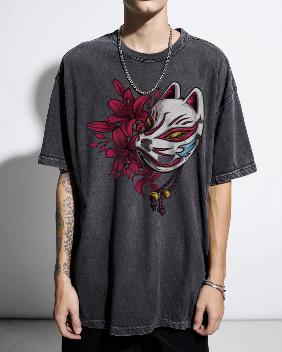 Traditional Japanese Kitsune Fox Mask T-Shirt - Anime Kawaii Mythology Art