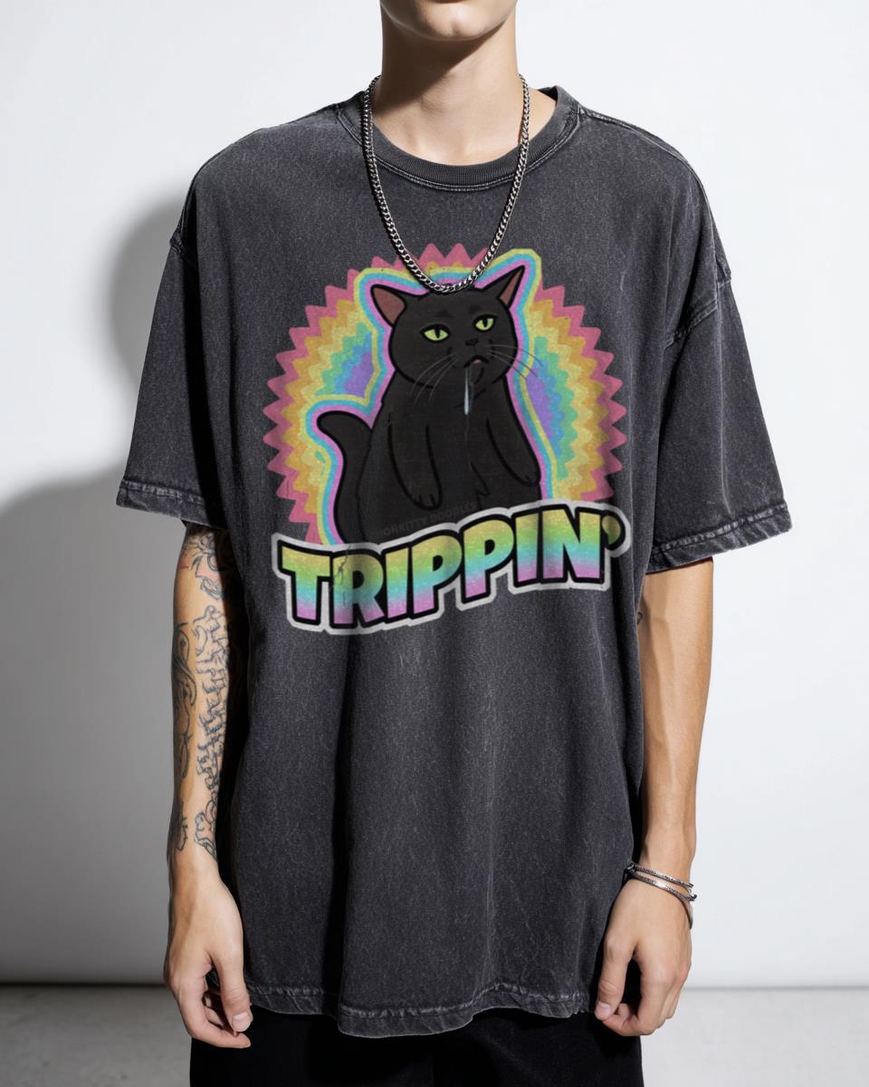 Trippin Black Cat Zoning Out T-Shirt - Funny Psychedelic Meme Art Tee
