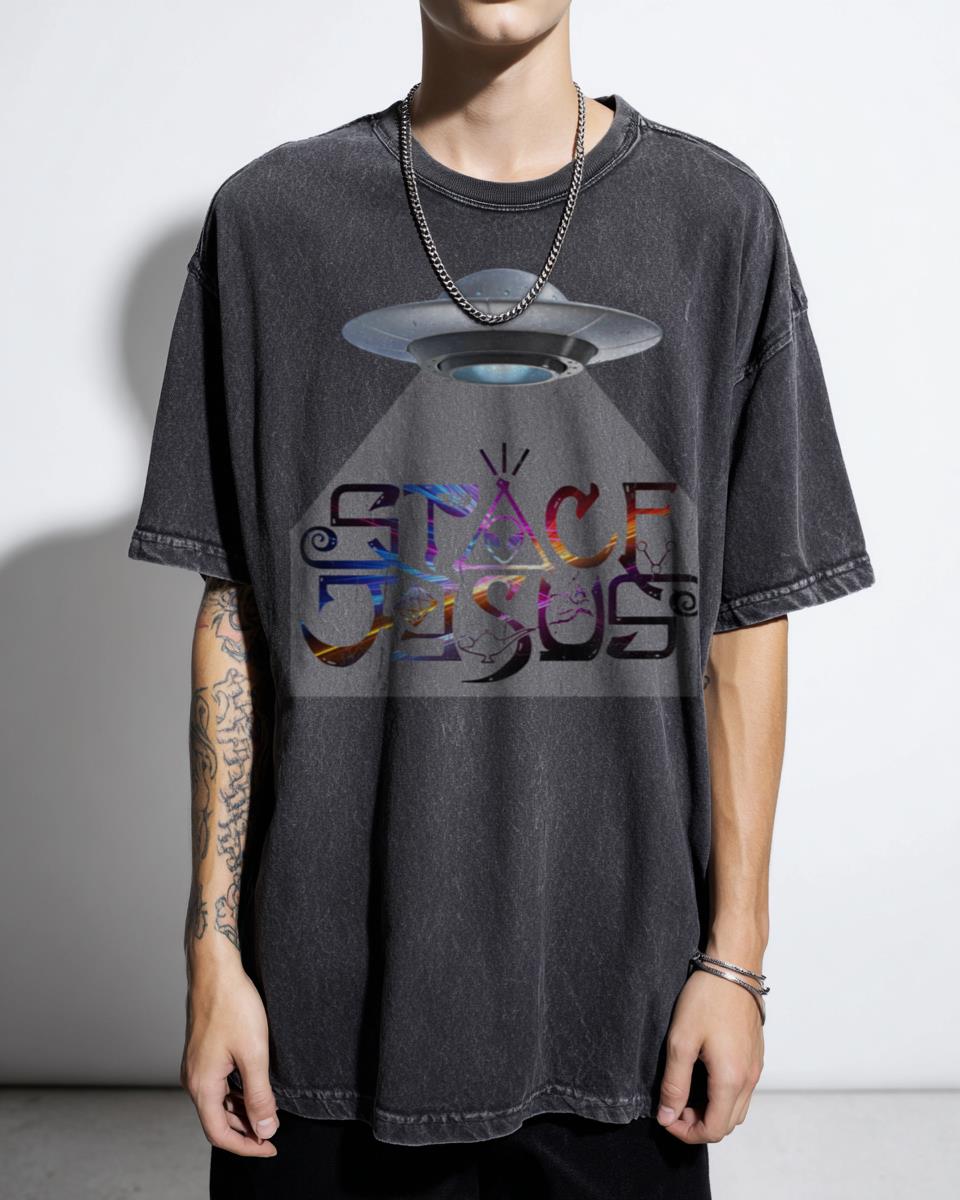 Trippy Glitch Space Jesus UFO T-Shirt - Abstract Alien Nebula Psychedelic Art