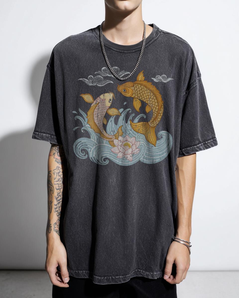 Twin Koi Fish Mystical Spiritual Charm T-Shirt - Lucky Japanese Symbol Art Unisex