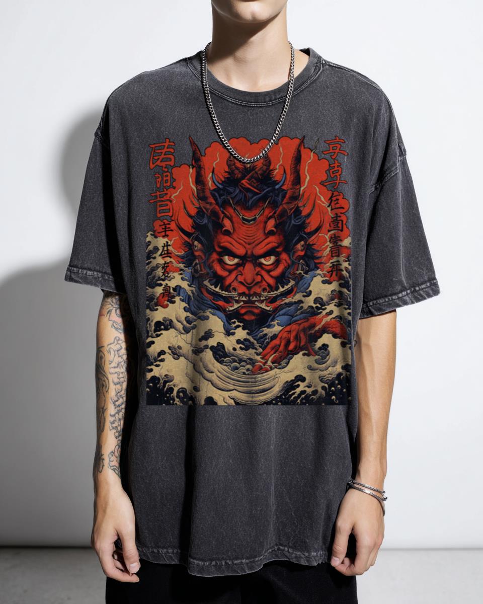 Ukiyo-e Fiery Wrath Demon T-Shirt - Traditional Japanese Oni Anime Art Tee