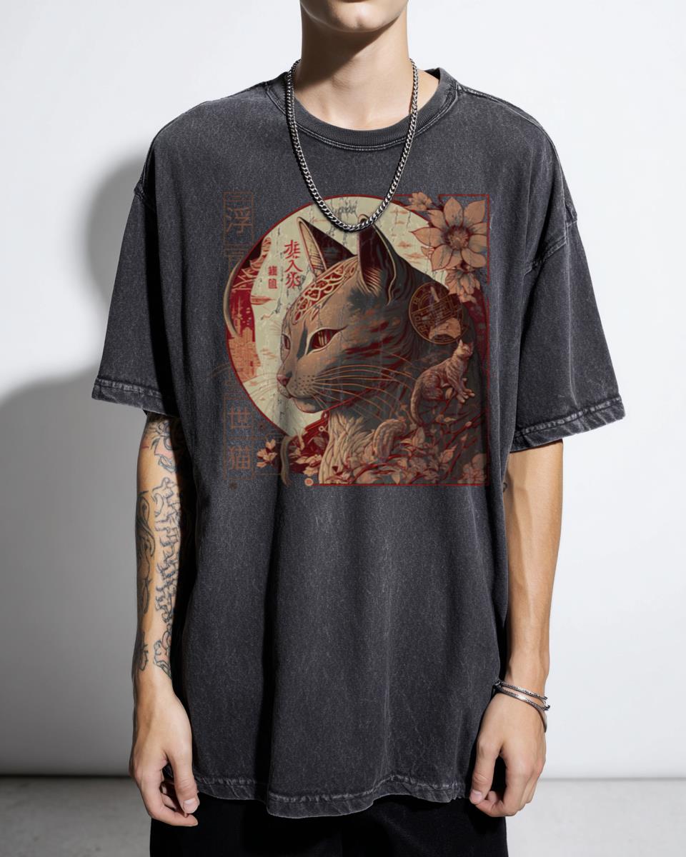 Ukiyo-E Samurai Cat Graphic T-Shirt - Japanese Art Neko Bushido