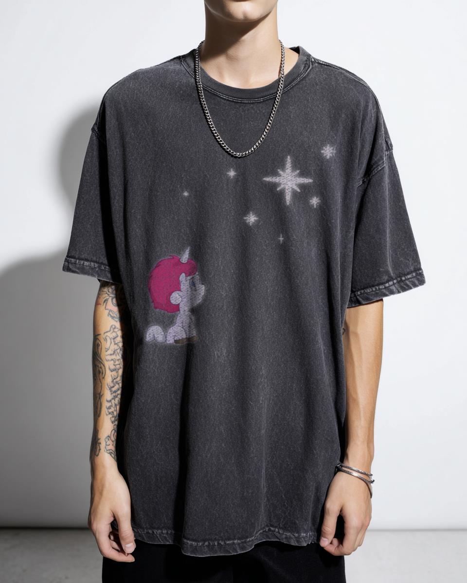 Unico Starlight 80s Anime T-Shirt | Black Acidwash Magical Unicorn Tee