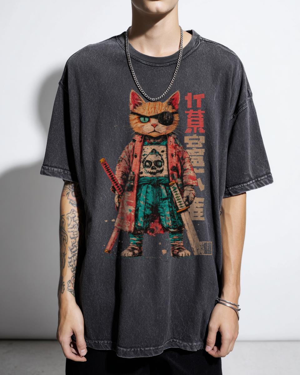 Urban Samurai Ninja Cat Street Art T-Shirt - Japanese Manga Feline Lover Tee