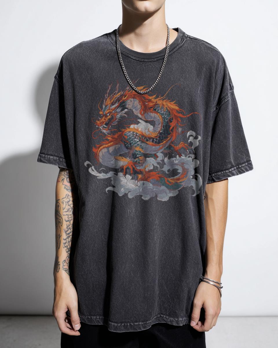 Vibrant Chinese Fire Dragon T-Shirt - Asian Mythical Creatures Art