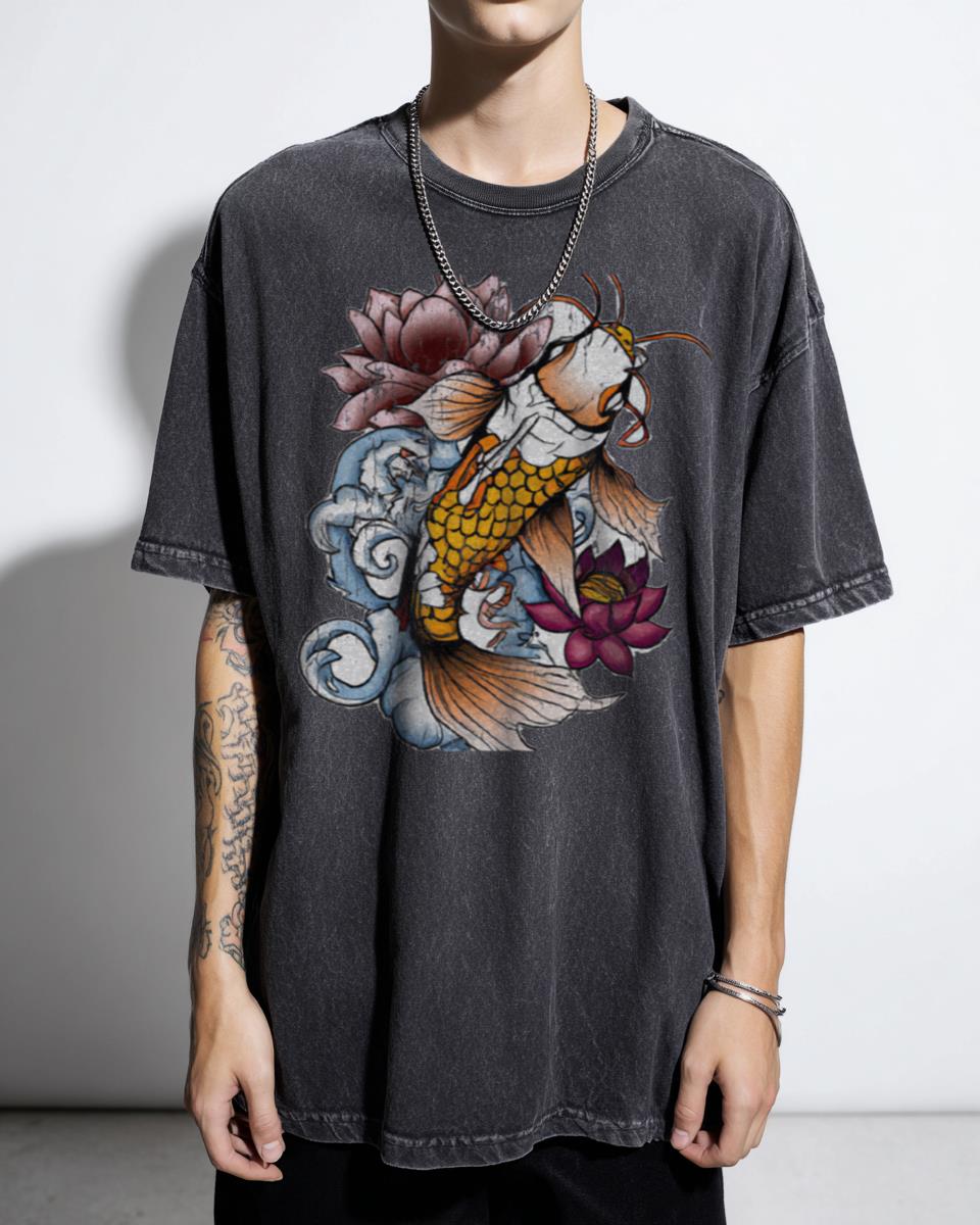 Vibrant Japanese Koi Fish Harmony T-Shirt - Ornamental Tattoo Art