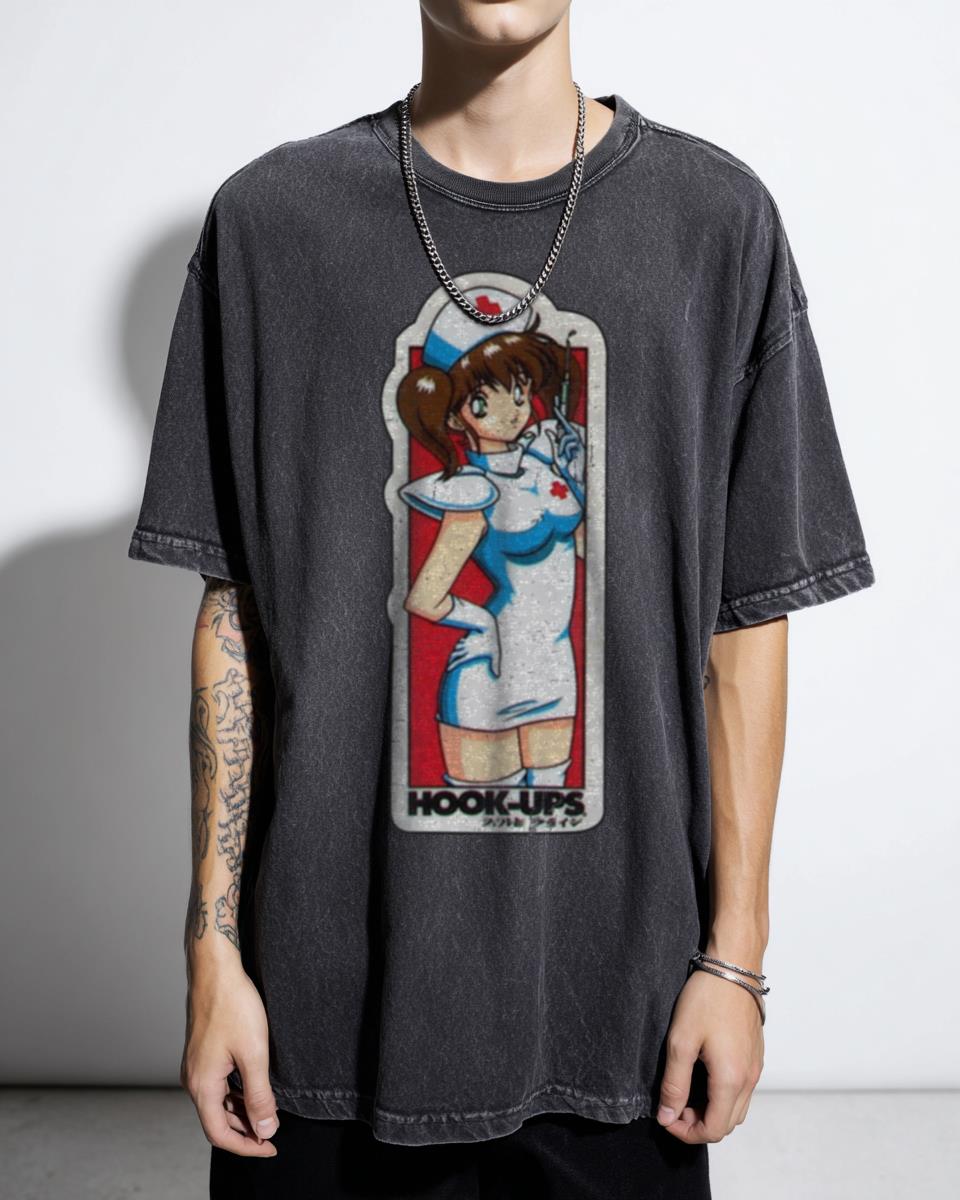 Vintage 90s Hook-Ups Nurse Anime Girl T-Shirt - Skate Brand Sexy Animated Cartoon Tee