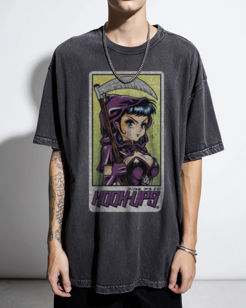 Vintage Anime Girl Hook-Ups Skate Brand Reaper T-Shirt - 90s Goth Punk Sexy Animated