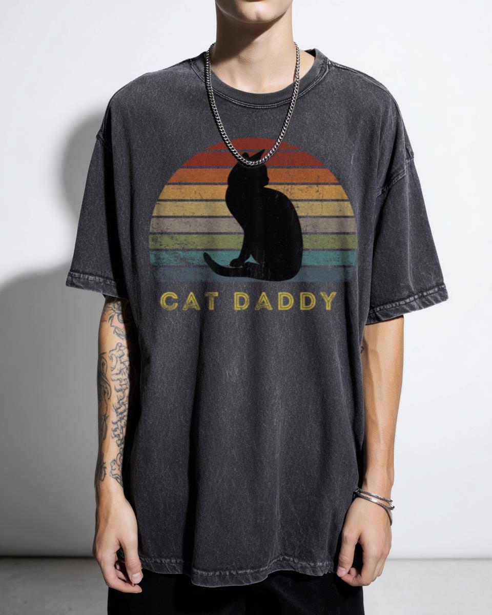 Vintage Eighties Style Cat Daddy Black Cat Retro T-Shirt - Distressed Animal Lover Apparel Unisex Black Acidwash