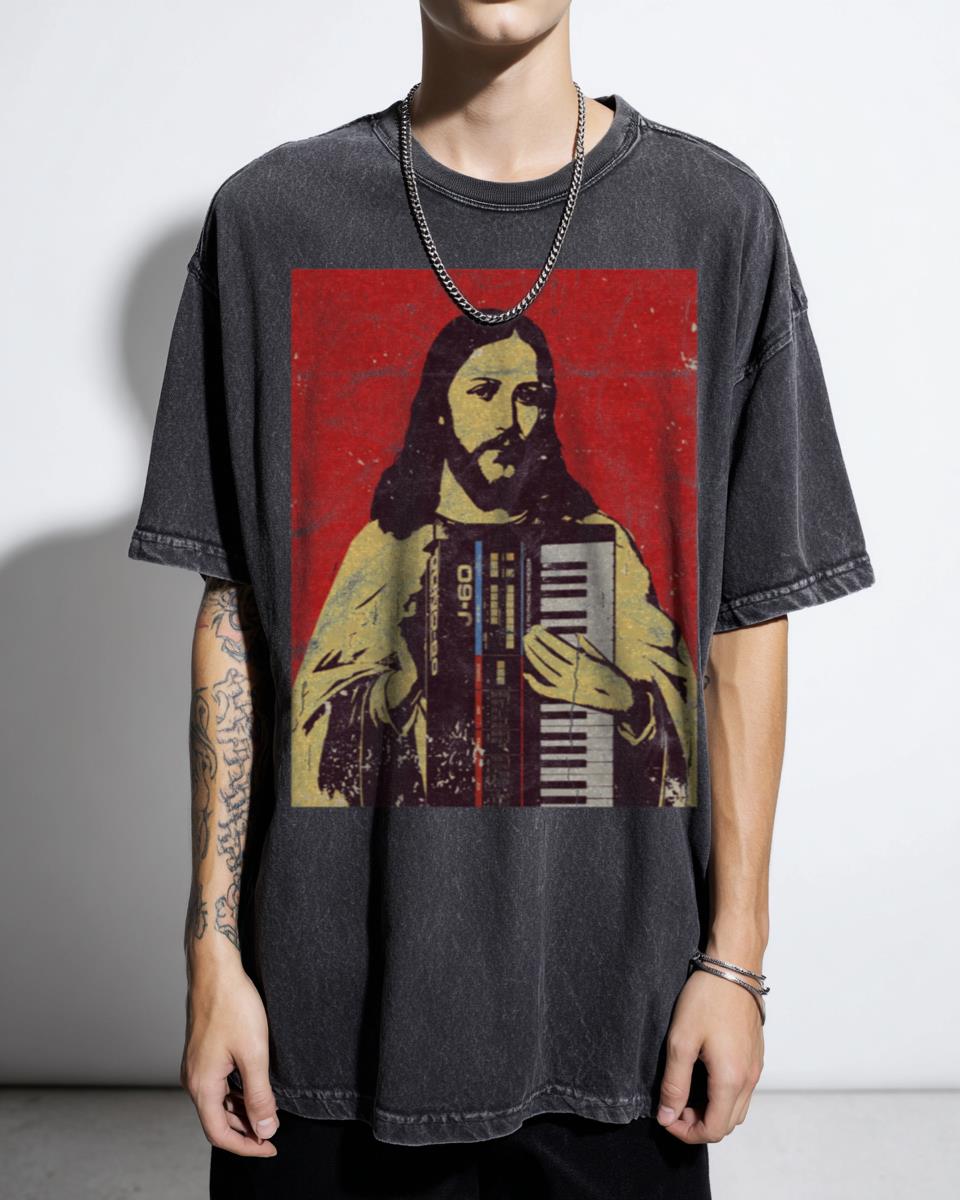 Vintage Holy Synthesizer Analog Jesus T-Shirt - Synth Nerd Electronic Music Producer Techno Rave Tee