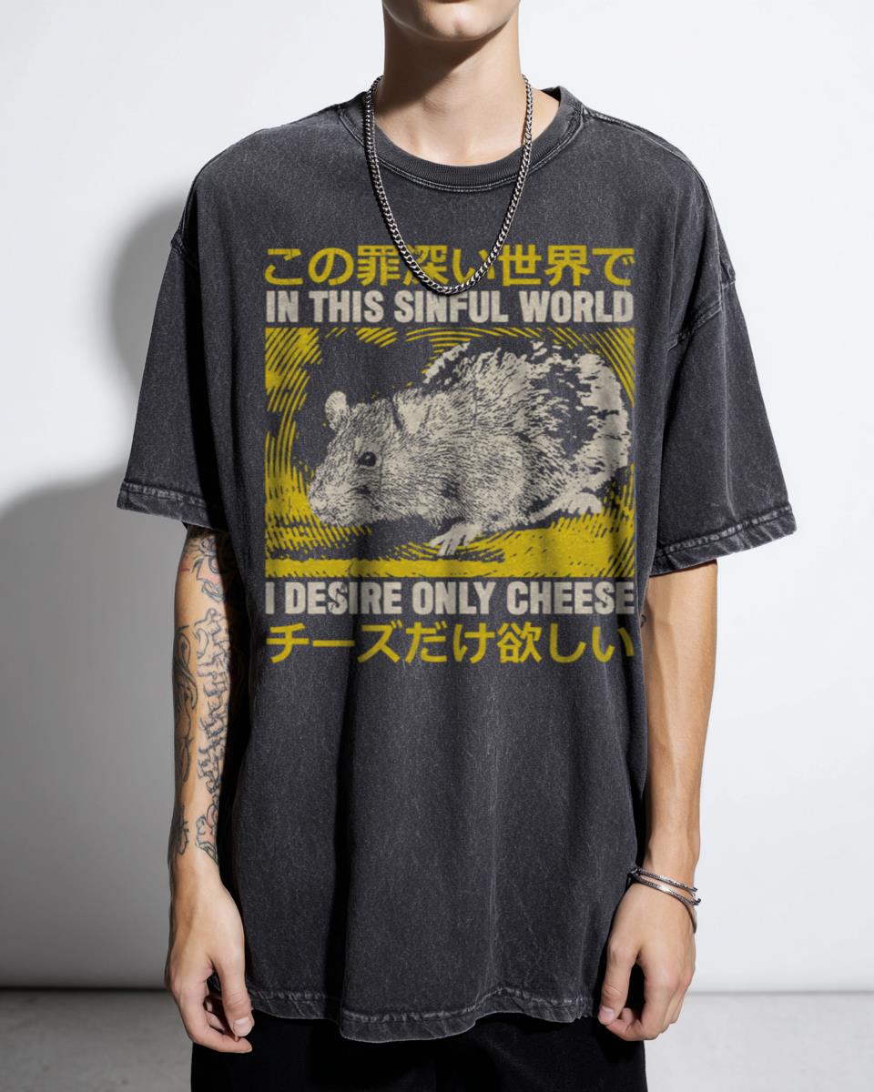 Vintage Japanese 'I Desire Only Cheese' Rat T-Shirt - Funny Food Lover Unisex