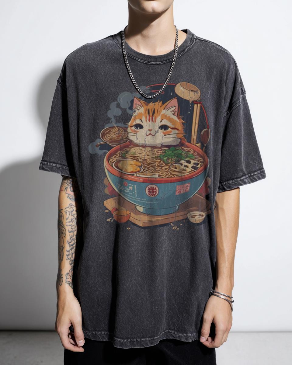 Vintage Japanese Ramen Cat Kawaii Graphic T-Shirt - Anime Foodie Unisex
