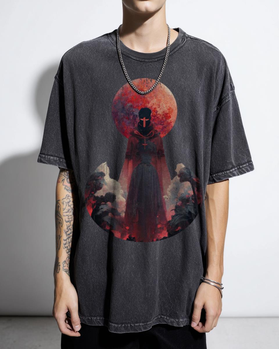Vintage Red Moon Priest AI Art T-Shirt - Dark Fantasy Elden Ring Style Apparel