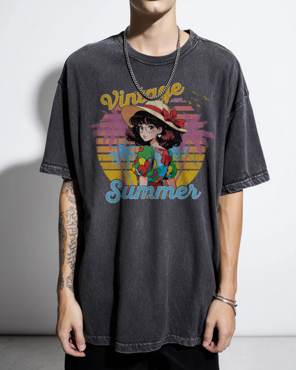 Vintage Summer Anime Girl Retro Sun T-Shirt - Japanese Aesthetic Woman