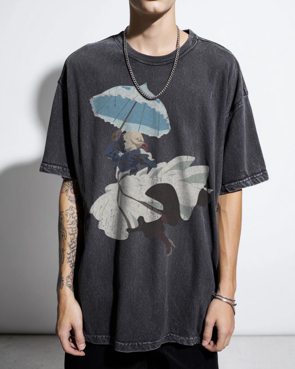 Violet Evergarden Parasol Minimalist Anime T-Shirt - Autumn Leaves Japanese Art Apparel