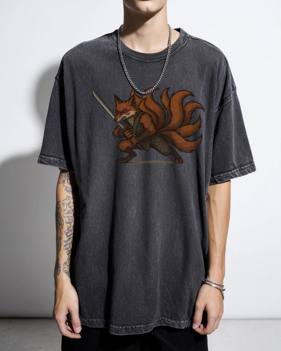 Warrior Fox Nine Tails Naruto Anime Acidwash T-Shirt