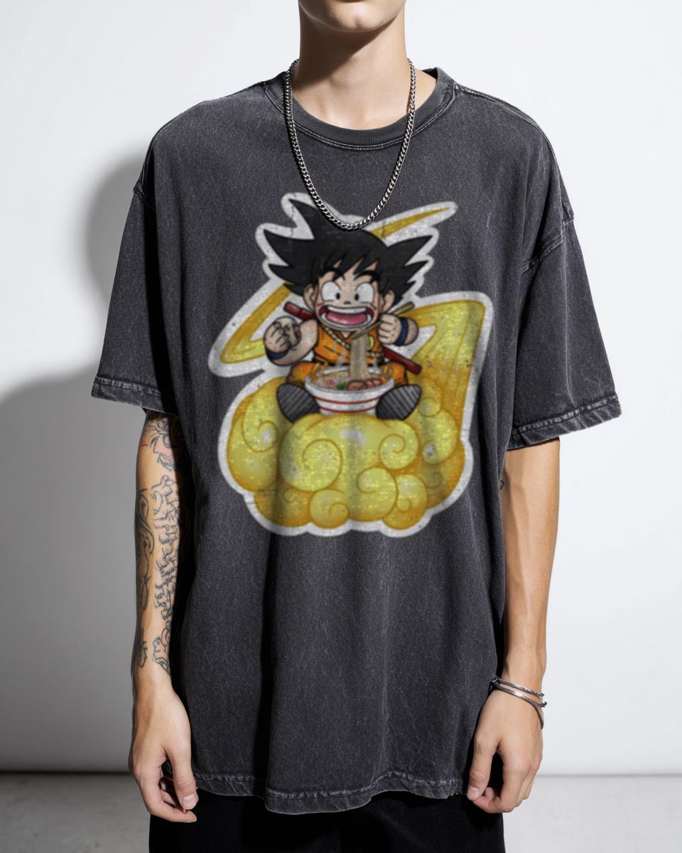 Young Goku Eating Ramen on Nimbus Cloud Anime T-Shirt - Dragon Ball Z Foodie Fan Unisex