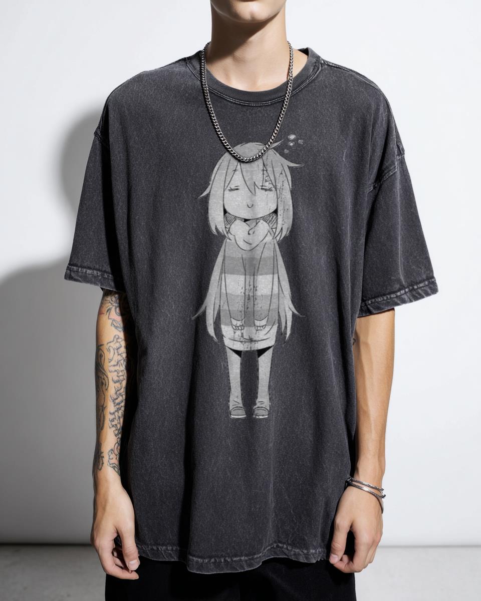 Yuru Camp Cute Nadeshiko Monochrome Anime T-Shirt - Laid-Back Camp Sleepy Fan