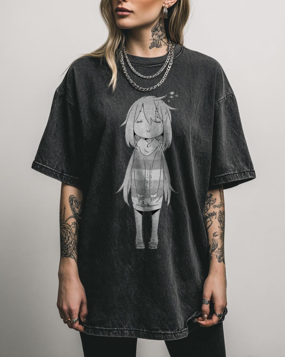 Yuru Camp Cute Nadeshiko Monochrome Anime T-Shirt – Laid-Back Camp Sleepy Fan