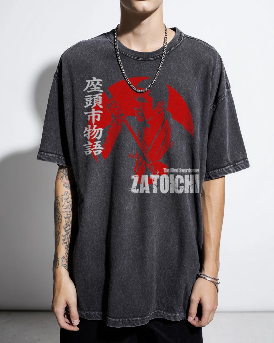 Zatoichi The Blind Swordsman Shintaro Katsu Japan Retro Samurai Movie Acidwash T-Shirt - Classic Japanese Cinema