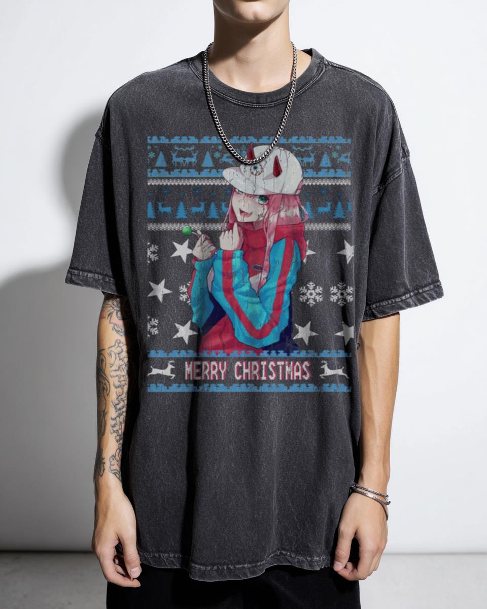 Zero Two Ugly Christmas Sweater Anime T-Shirt - Darling In The Franxx Holiday for Fans
